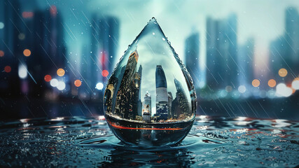 An abstract city landscape reflected in raindrops - Powered by Adobe