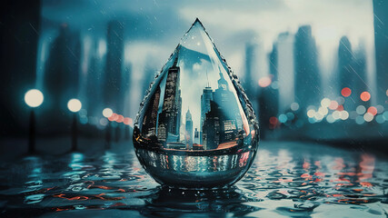 An abstract city landscape reflected in raindrops