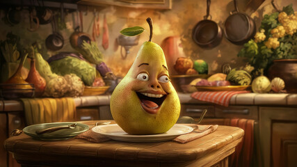 An abstract drawing of a cheerful pear sitting on the kitchen counter