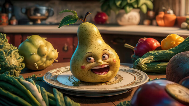 An abstract drawing of a cheerful pear sitting on the kitchen counter