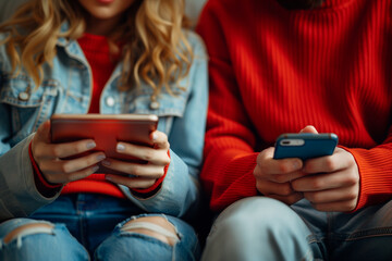 Two People Sitting on a Couch Using Phones