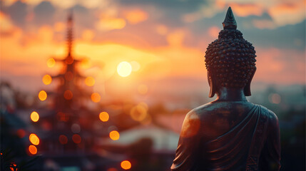 Buddha Statue Surrounded by Candles at Sunset