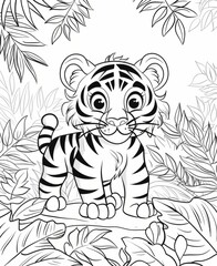 Adorable Cartoon Tiger Cub in Jungle Coloring Page, coloring book