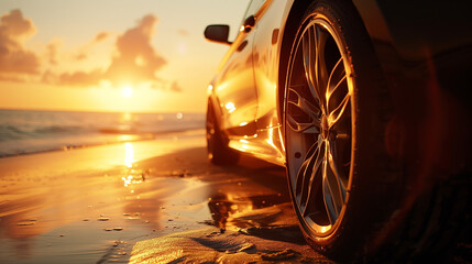 Car on Beach at Sunset Concept
