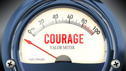 Courage and Valor Meter that hits less than zero, showing an extremely low level of courage, none of it, insufficient. Minimum value, below the norm. Lack of courage. ,3d illustration - obrazy, fototapety, plakaty