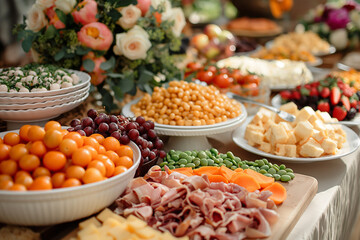 Catering table, with variety of food, fruits or vegetables 