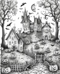 Naklejka premium Enchanting Halloween Night with Haunted Houses and Pumpkins