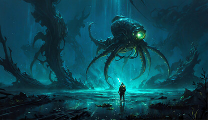 A lone diver encounters a massive, alien octopus
