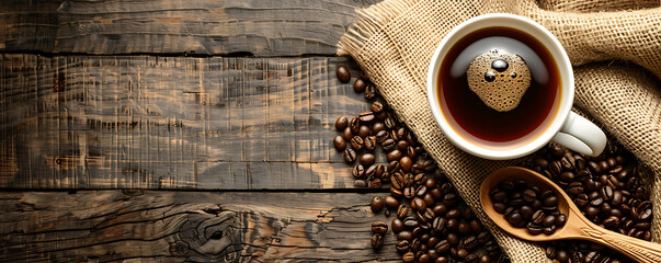 Cup of coffee with beans on the table on wooden rustic background. - obrazy, fototapety, plakaty