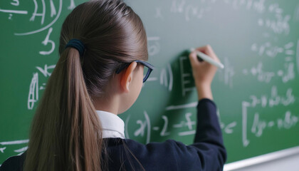 A close-up of female student with a ponytail and glasses writing math equations on a green chalkboard in the classroom.
