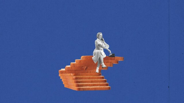 Stop motion, animation. Creative design with woman sitting on stairs made from bread slices and talking on phone. Concept of retro style, creativity, surrealism, imagination. Copy space or ad, poster