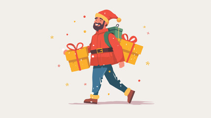 Fototapeta na wymiar Man in Santa hat carrying two gift packages Vector