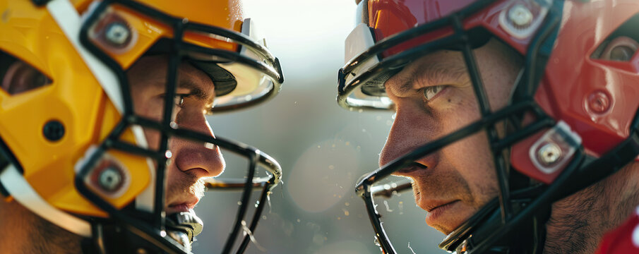 Close up side view portrait. Guys in protective helmets and uniforms, captains of rugby teams, look into each other's eyes while referee plays ball. - Powered by Adobe