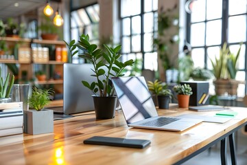 Job Opportunities in a Minimalist Modern Office with Laptop Stands and Plants. Concept Job Opportunities, Modern Office, Minimalist Decor, Laptop Stands, Indoor Plants