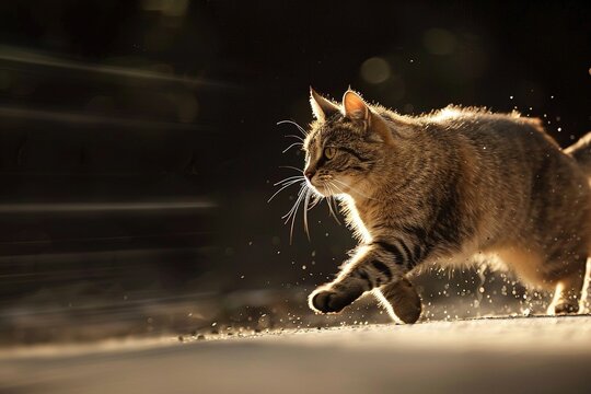 A high-speed chase scene featuring a cat in pursuit, photographed with dynamic lighting and composition to highlight the action, in a documentary
