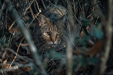 A stealthy cat stalking its prey in the underbrush, showcasing natural hunting instincts in a blend of documentary and editorial photography style - obrazy, fototapety, plakaty