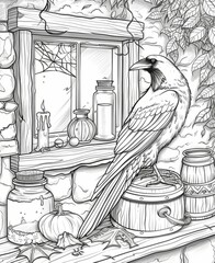 Fototapeta premium Majestic Raven Perched on a Rustic Window Ledge with Autumn Decor