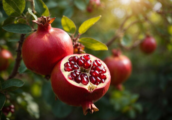Pomegranate on tree branch, Red ripe pomegranate fruits grow on pomegranate tree in garden, Punica granatum fruit, close up of pomegranate to produce a delicious juice, Harvest concept selective focus