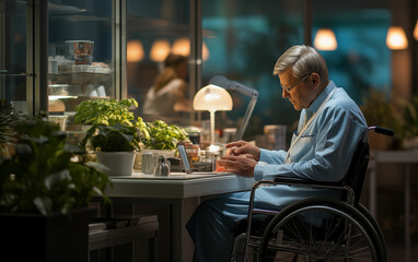 Man in wheelchair at table. Generative AI