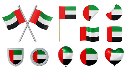 Set of objects with flag of the United Arab Emirates isolated on transparent background. 3D rendering