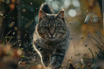 A series of photos depicting a cat's hunting behavior, blending documentary and editorial techniques with a high-quality magazine finish, emphasizing the intensity and focus of the moment - obrazy, fototapety, plakaty