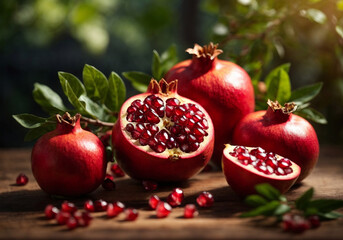 Pomegranate on tree branch, Red ripe pomegranate fruits grow on pomegranate tree in garden, Punica granatum fruit, close up of pomegranate to produce a delicious juice, Harvest concept selective focus