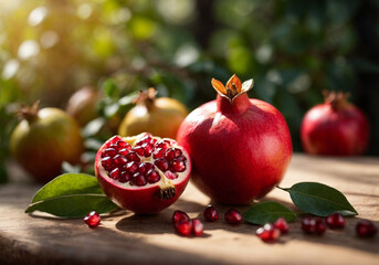 Pomegranate on tree branch, Red ripe pomegranate fruits grow on pomegranate tree in garden, Punica granatum fruit, close up of pomegranate to produce a delicious juice, Harvest concept selective focus