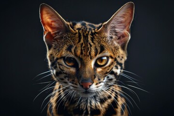 A visual exploration of the world's most exotic and unusual cat breeds, with a focus on the striking features of Savannah Cats, in a documentary, editorial, and magazine photography style composite