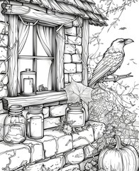 Fototapeta premium Enchanted Cottage in the Woods Line Art with Raven and Pumpkins