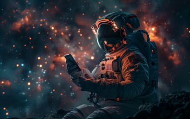 Astronaut in space suit holding cell phone. Generative AI - obrazy, fototapety, plakaty