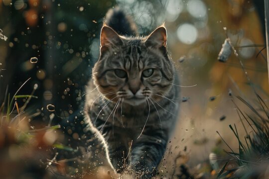 A series of photos depicting a cat's hunting behavior, blending documentary and editorial techniques with a high-quality magazine finish, emphasizing the intensity and focus of the moment