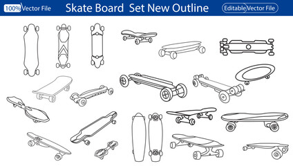 Skateboard Vector flat cartoon line set of skateboards with different sides isolated on a white background. Skateboard style. Vector. Vector illustration of skateboard line art.