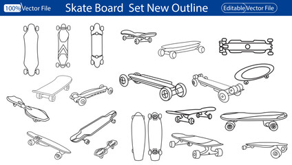 Skateboard Vector flat cartoon line set of skateboards with different sides isolated on a white background. Skateboard style. Vector. Vector illustration of skateboard line art.