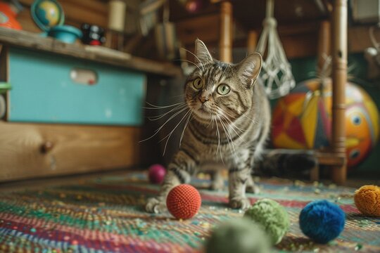 Cats and Toys: Detailed images showcasing cats playing with their favorite indoor toys, blending documentary, editorial, and magazine photography aesthetics