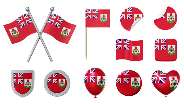 Set of objects with flag of Bermuda isolated on transparent background. 3D rendering