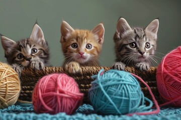 Fototapeta na wymiar Classic scenes of kittens with balls of yarn, capturing their curiosity and playful antics, shot in a Documentary, Editorial, Magazine Photography Style