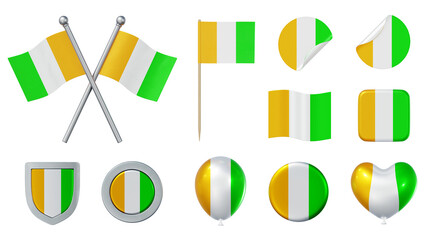 Set of objects with flag of Côte d’Ivoire isolated on transparent background. 3D rendering