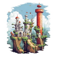 Pixelated Adventure: Pixel art depicting a nostalgic scene from classic video games