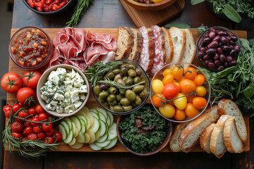 catering food table, with variety of food, meat, fruits or vegetables
