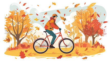 Man with a bike in autumn. Cute vector illustration