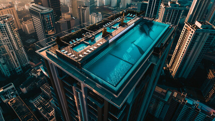  A mesmerizing aerial view of a luxurious rooftop pool, offering panoramic vistas of the city...