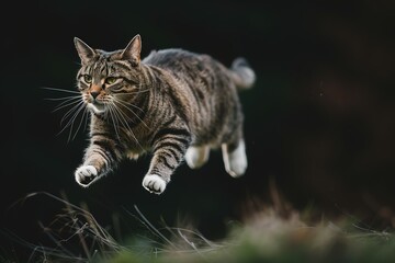Dynamic action shot of a cat mid-jump, capturing the essence of motion and agility, in a documentary, editorial, and magazine photography style