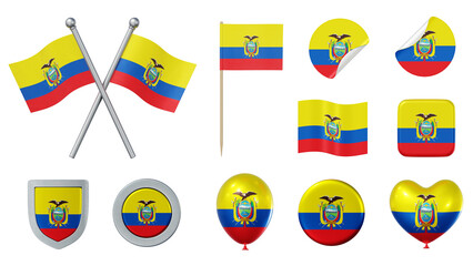 Set of objects with flag of Ecuador isolated on transparent background. 3D rendering