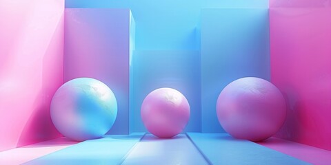 Three pink spheres are placed in a room with blue walls
