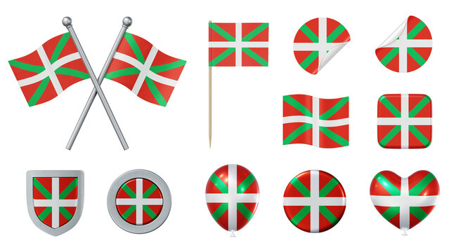 Set of objects with flag of the Basque Country isolated on transparent background. 3D rendering