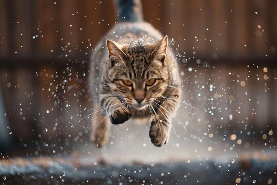 Dynamic photos capturing cats in mid-jump or sprinting in various environments, blending Documentary, Editorial, and Magazine Photography styles