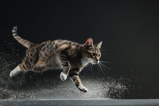 Dynamic photos capturing cats in mid-jump or sprinting in various environments, blending Documentary, Editorial, and Magazine Photography styles