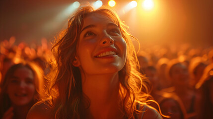 Portrait of a joyful girl in a concert audience, reveling in the music with a radiant expression of...