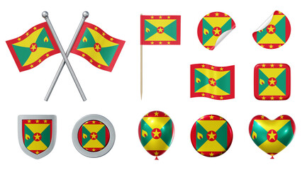 Set of objects with flag of Grenada isolated on transparent background. 3D rendering