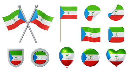 Set of objects with flag of Equatorial Guinea isolated on transparent background. 3D rendering